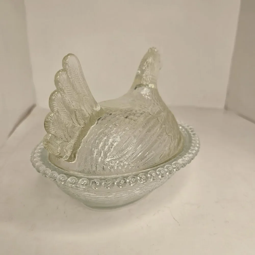 Vintage Clear Glass Hen On Nest Candy Dish *Flaw